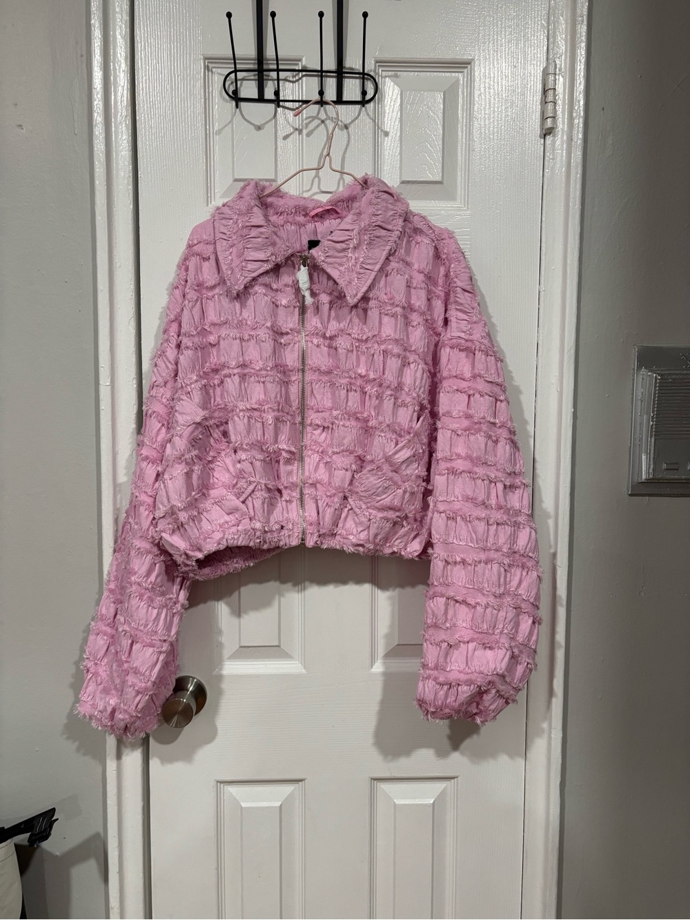 AKIRA Pink Textured Teddy Zip Jacket